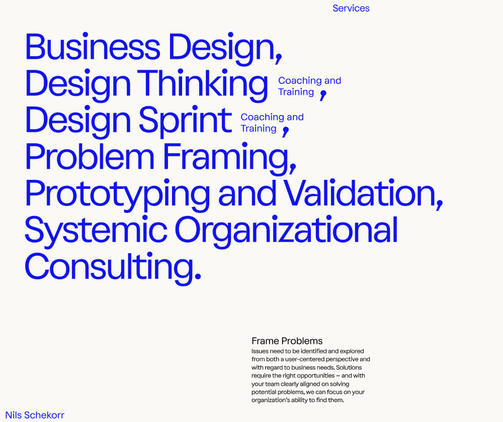 This design employs a clean, professional aesthetic utilizing strong typography and ample white space to present a list of specialized consulting services. The visual language is highly structured, emphasizing expertise and clear service offerings through strong hierarchy.