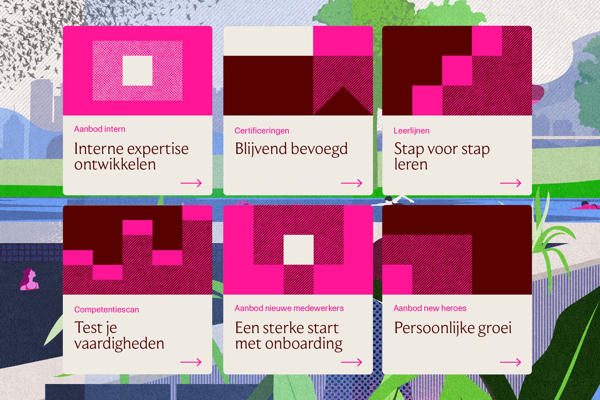 This design utilizes a clean, modular grid layout featuring bold geometric shapes and a vibrant yet professional color palette. The visual language is highly structured, employing negative space effectively to separate functional modules and guide the user's eye through related topics.