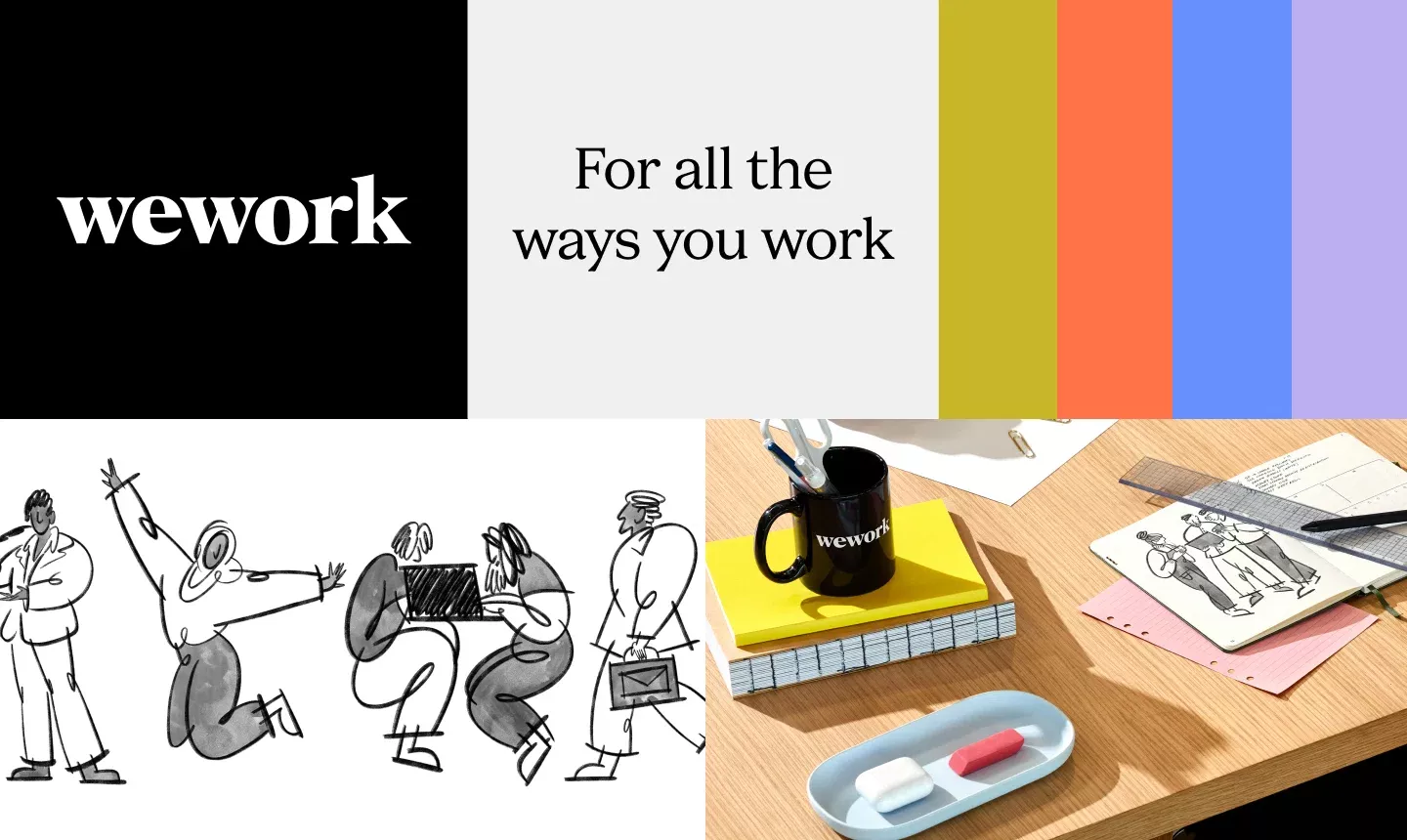 This design uses a clean, modern aesthetic combining bold color blocks with simple line illustrations to convey themes of flexibility and diverse work styles. The composition is balanced, using negative space effectively to highlight the brand name and the concept of inclusive work.