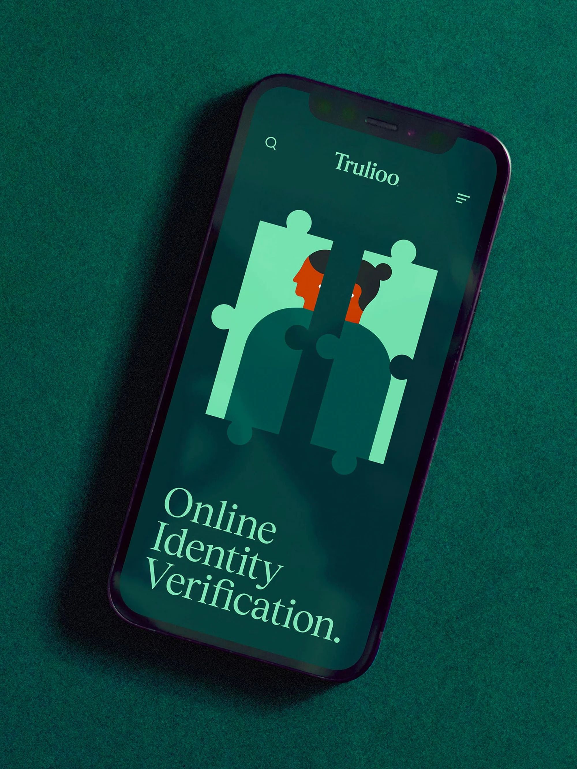 This is a clean and modern mobile UI mockup designed for an identity verification platform. The visual language uses a deep, soothing green tone contrasted with warm orange accents to convey trust and security. The design effectively balances functional UI elements with a professional, focused aesthetic.