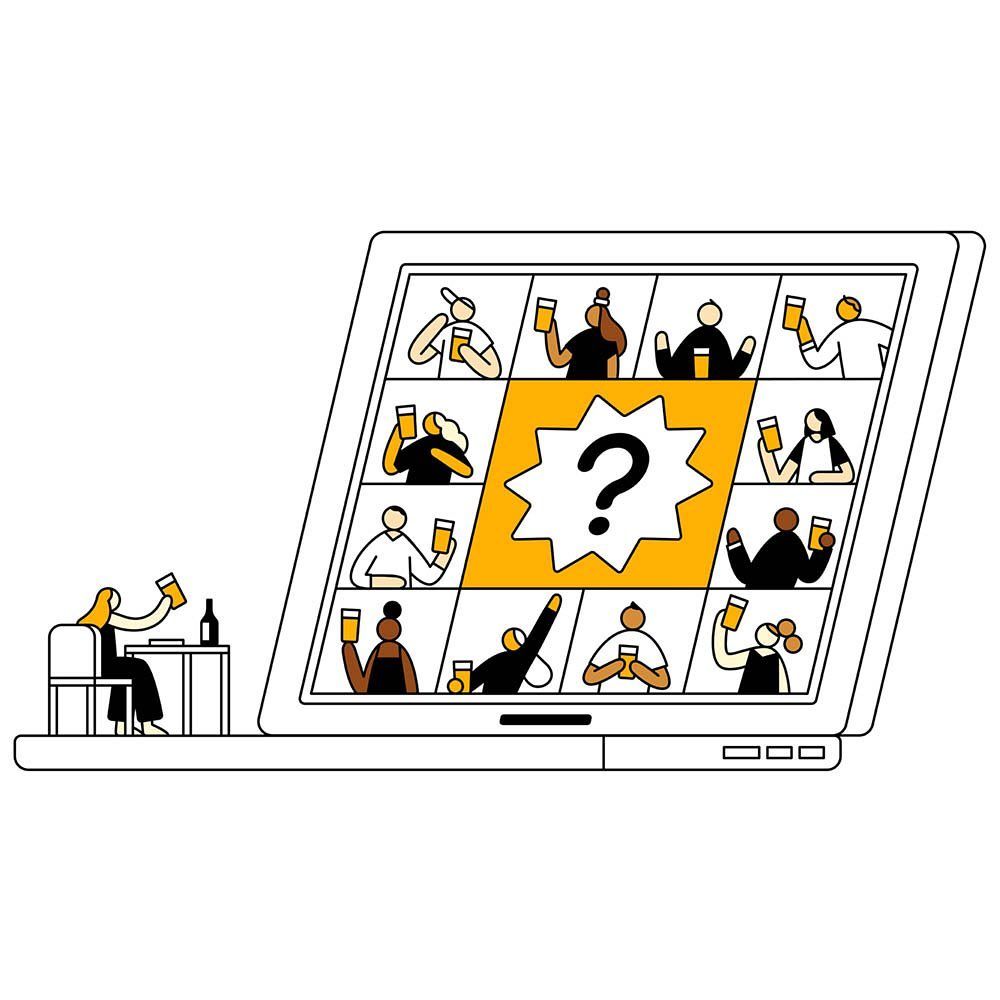 The image depicts a stylized representation of a tablet or mobile screen displaying a grid of small, illustrated figures, each holding a drink, with a large question mark dominating the center. The design uses a clean, flat illustration style to convey a concept related to people or social interaction.