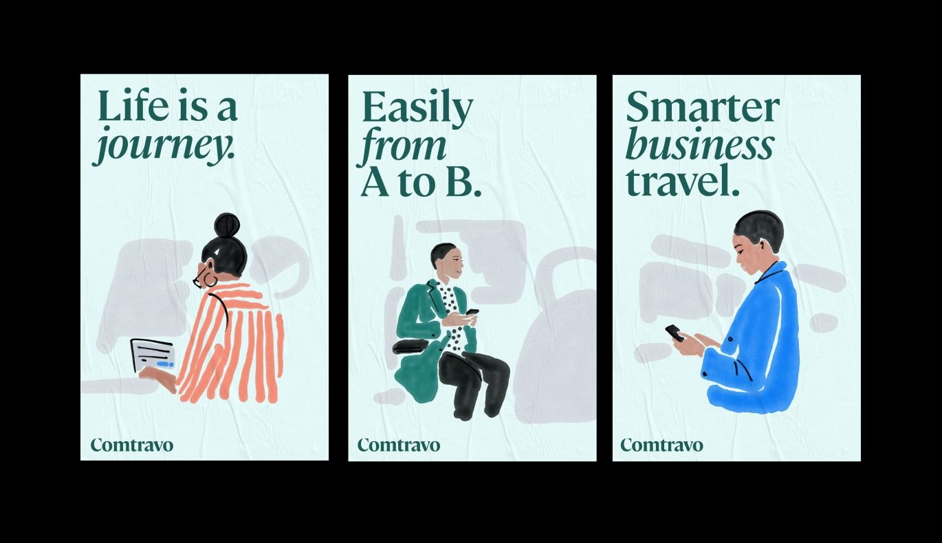 This is a set of three minimalist, clean graphic panels presenting motivational or business concepts. The design uses simple line art and muted colors against a light background to convey a sense of journey, progression, and personal achievement.