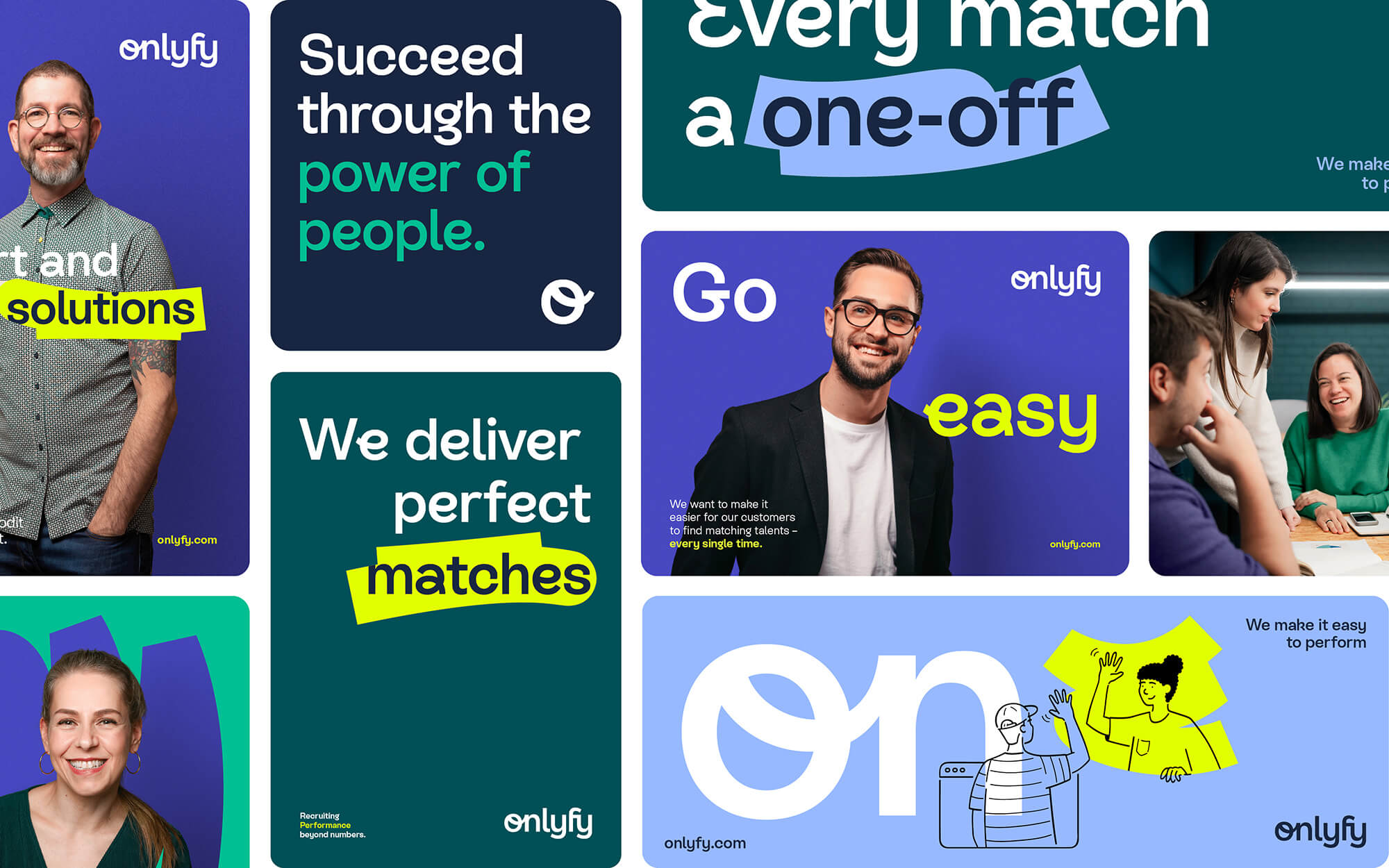 The image features a clean, modern, and professional set of graphic cards or tiles, utilizing a consistent color palette dominated by deep greens and blues contrasted with bright yellow accents. The design employs strong, bold typography and clear iconography to convey messages about successful matching or solutions.