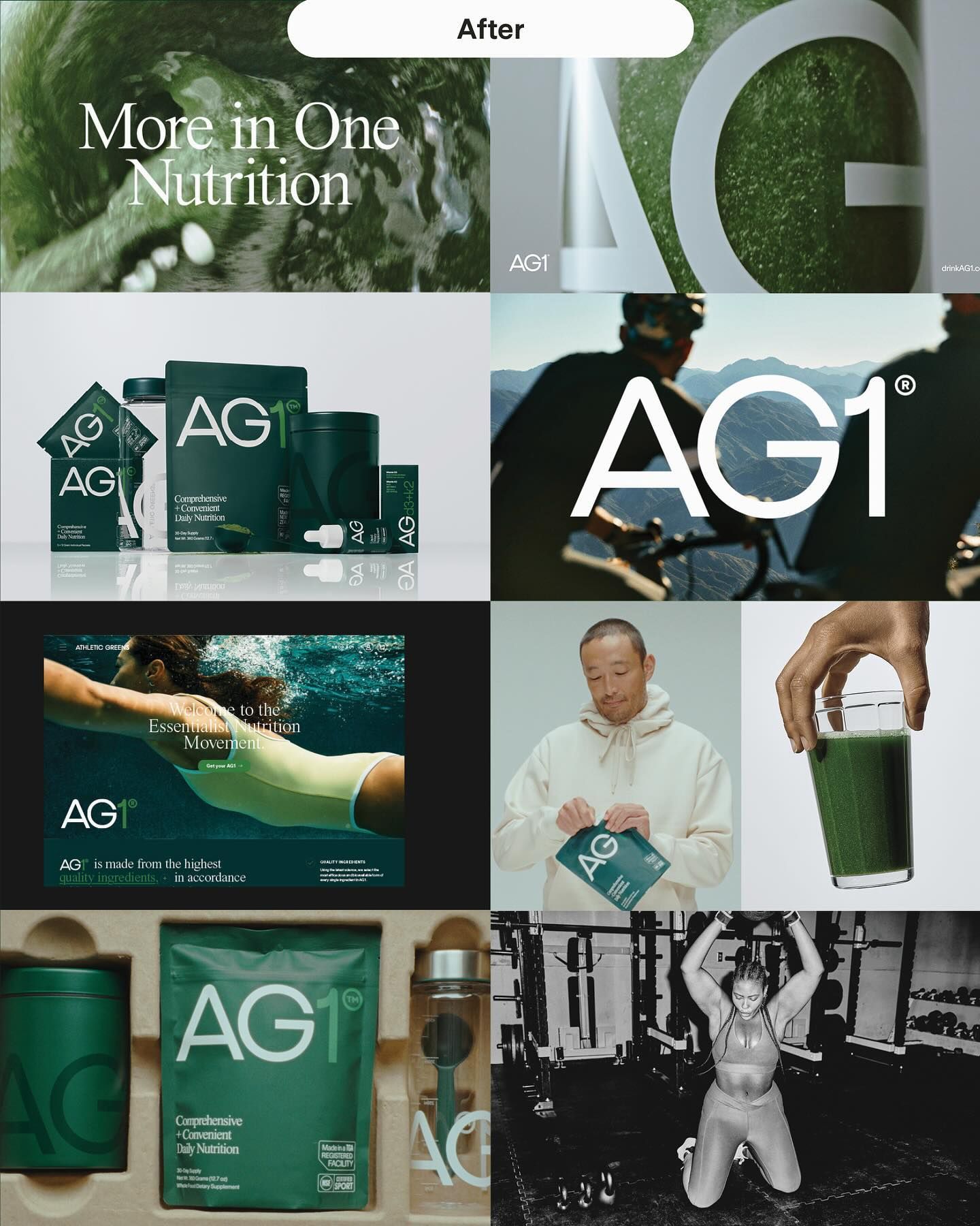 The image presents a cohesive and premium branding suite for a nutritional product, utilizing a clean, modern aesthetic with strong natural undertones. The visual language emphasizes purity, efficacy, and a connection to nature through muted greens and sophisticated typography.