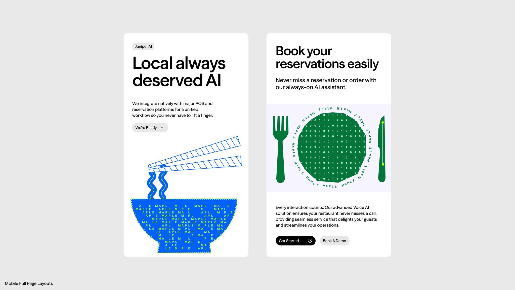 The design presents a clean, modern interface for booking services, utilizing simple iconography and ample white space. The visual language is direct and functional, aiming for user trust through clear communication about the AI integration.