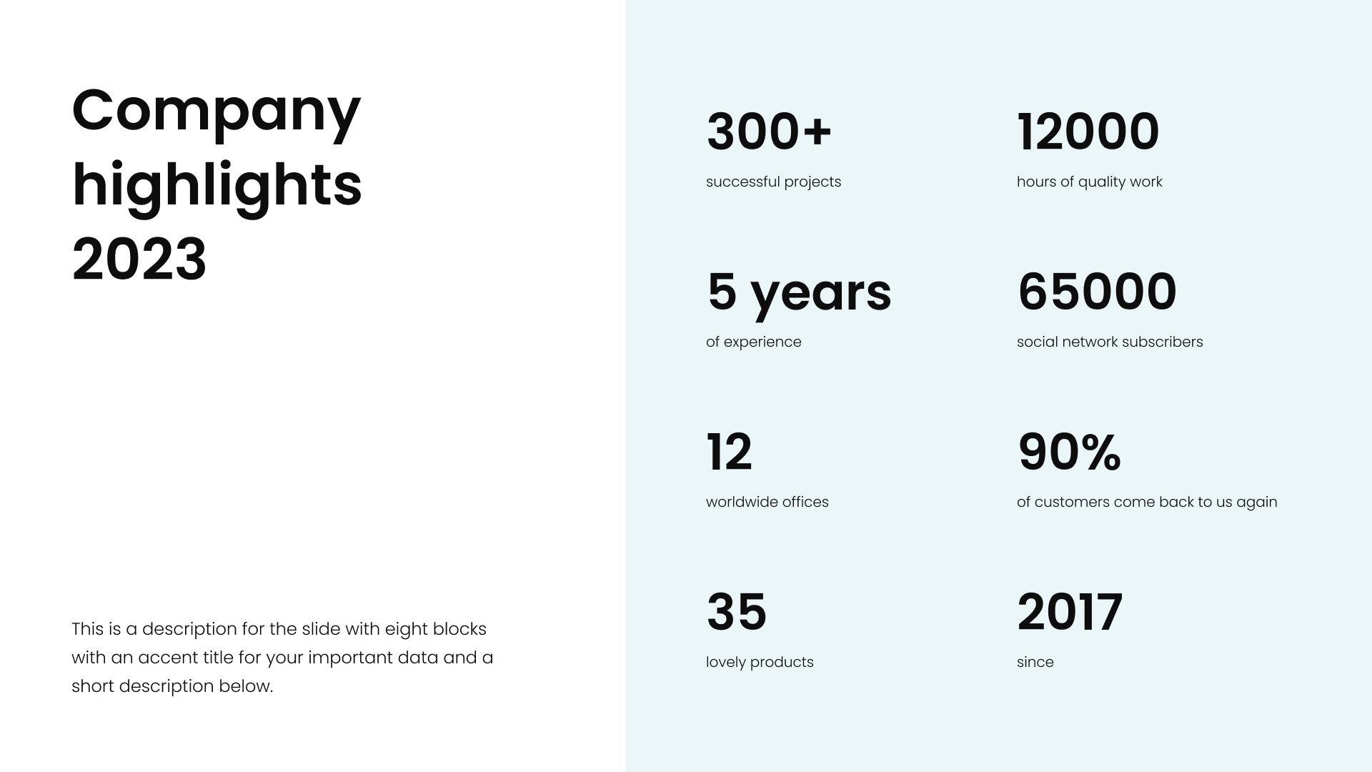 The design is clean, minimalist, and professional, utilizing ample white space to present key statistics in a straightforward manner. The visual language relies on simple typography and clear segmentation to convey achievements effectively.