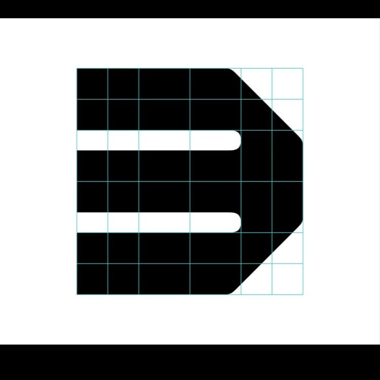 The image presents a stark, minimalist design featuring a bold, geometric shape rendered in high-contrast black and white on a grid background. The design relies heavily on negative space and precise alignment to create a modern, structured aesthetic.