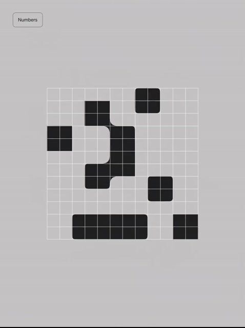 This design utilizes a stark, geometric grid structure to highlight irregular shapes, creating an abstract yet highly organized composition. The visual language is clean and technical, relying heavily on contrast between shaded and unshaded cells to define form.