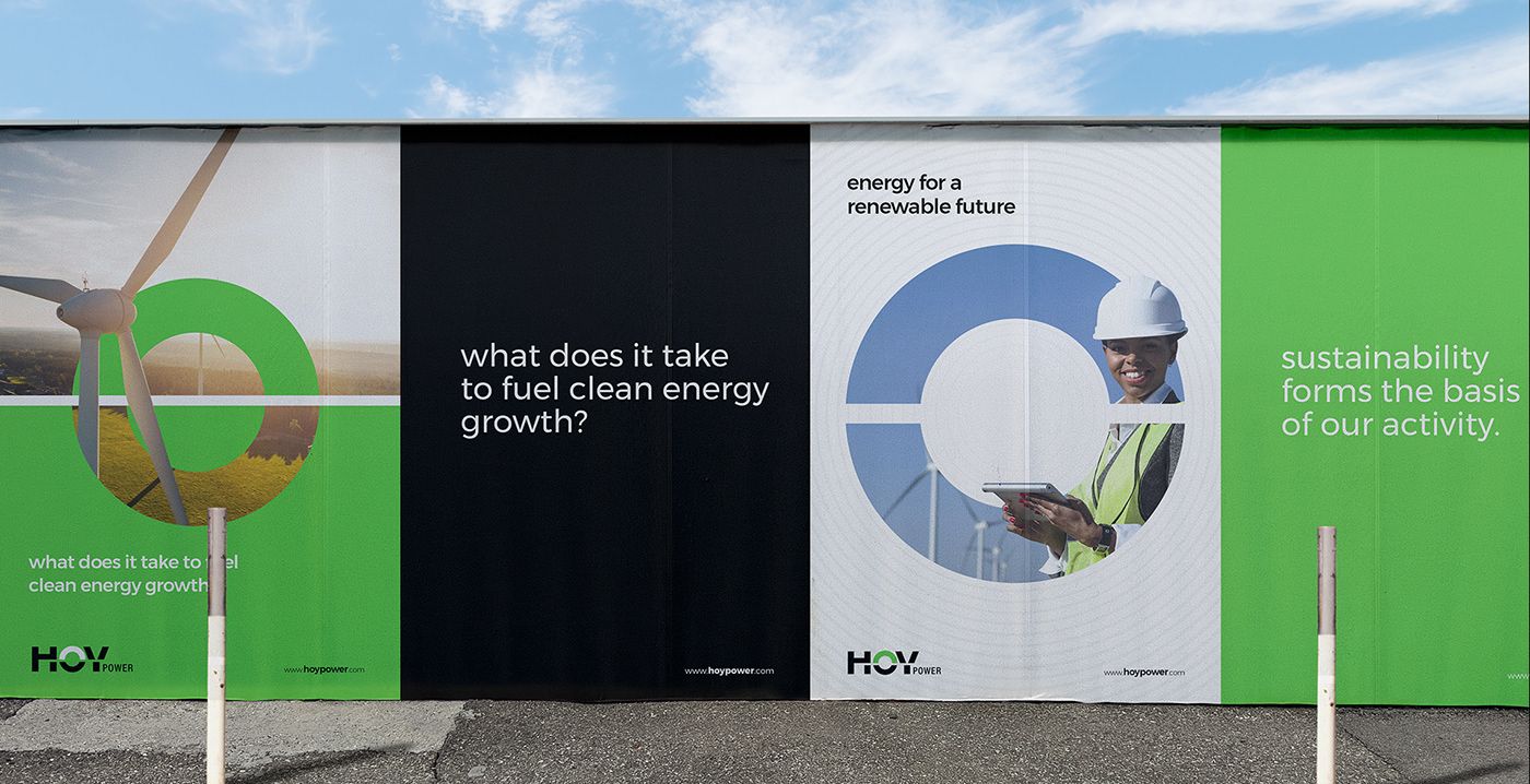 The image presents a clean, modern, and corporate visual display, likely for an environmental or energy company. It uses a tripartite vertical layout with distinct sections separated by color blocks, employing strong iconography and professional photography to convey a message about sustainable energy growth.