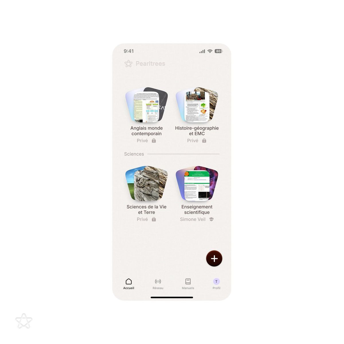 The image displays a clean, minimalist user interface (UI) for an application, characterized by a light background and clear card-based navigation. The design emphasizes readability and organization through simple icons and text labels, suggesting a modern educational or content platform.