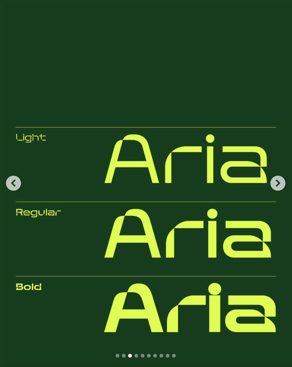 A typography specimen showcasing three weights of the Aria typeface (Light, Regular, Bold) against a deep forest green background. The design demonstrates font hierarchy and weight variations through a clean, modern layout with bright lime-yellow letterforms that create striking contrast.