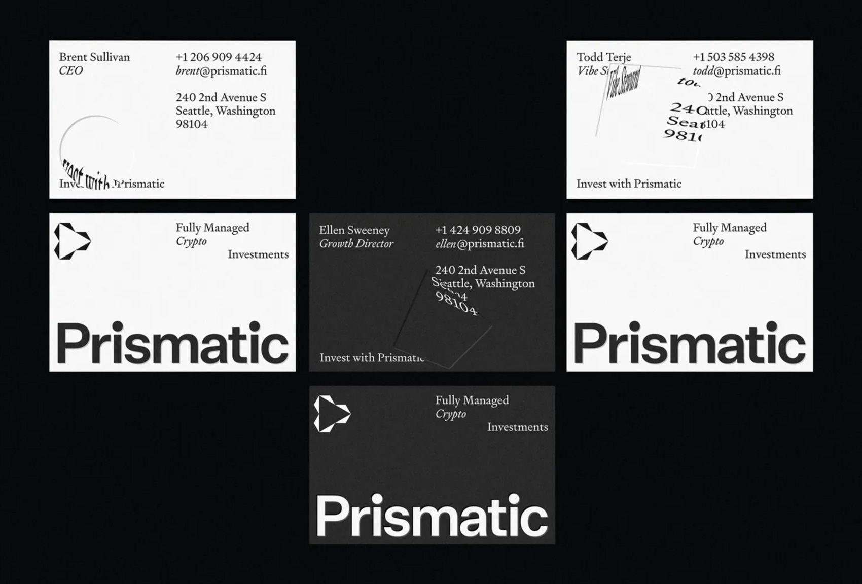 The design employs a stark, minimalist aesthetic dominated by black and white, utilizing clean lines and ample negative space to convey a sense of sophistication and seriousness. The layout is structured with distinct blocks of information, creating a professional and high-end visual hierarchy.