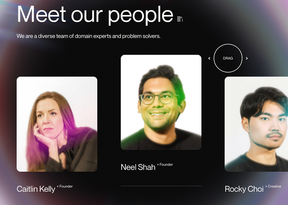 A modern team showcase design featuring three professional portraits with vibrant neon accent lighting against a dark, blurred gradient background. The layout emphasizes diversity and approachability while maintaining a contemporary, tech-forward aesthetic with clean typography and organized information hierarchy.