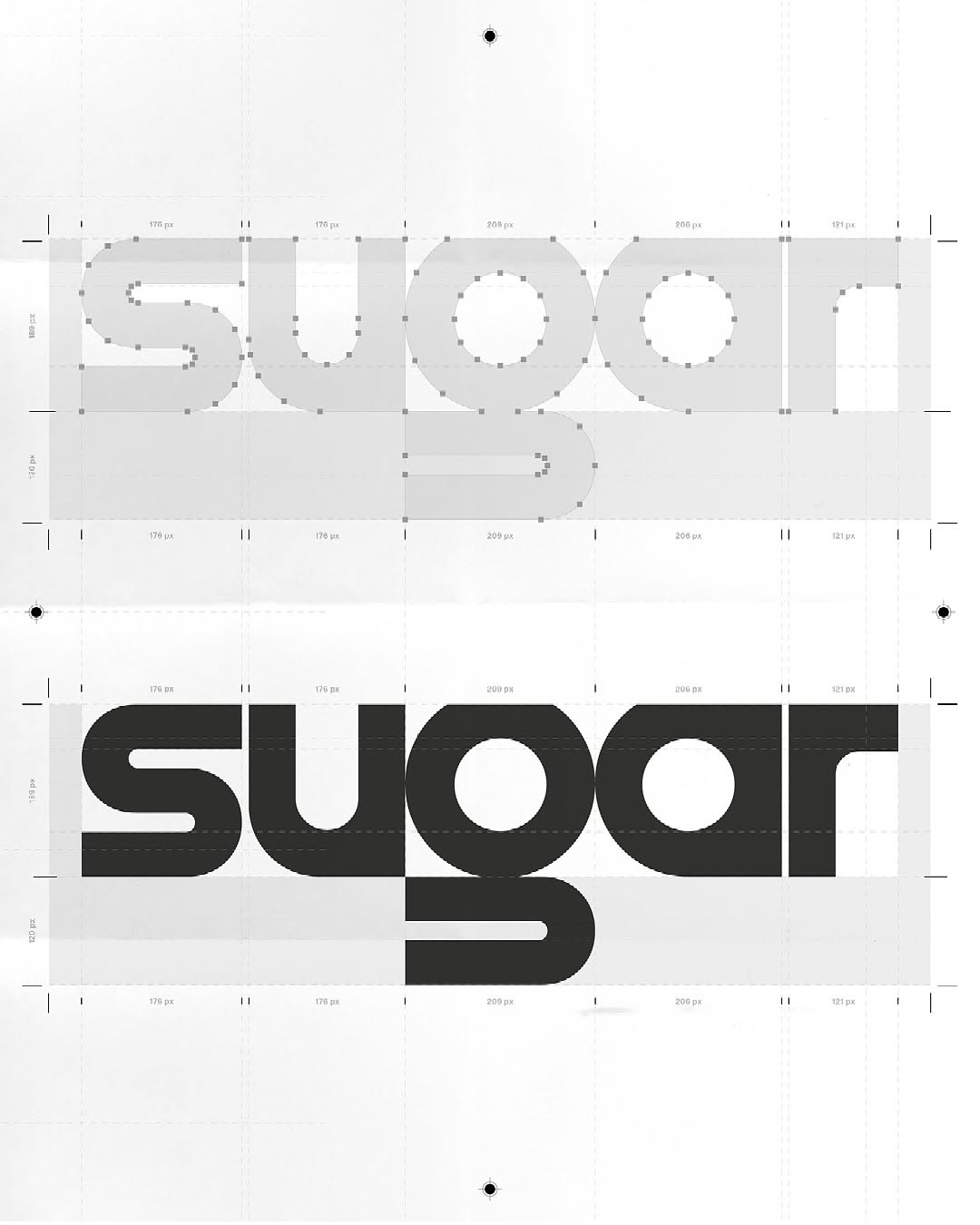 This design showcases a stark contrast between two typographic treatments of the word 'SUGAR,' utilizing precise geometric layouts and subtle dot patterns against a clean, minimalist background. The visual language emphasizes structure, precision, and modern sophistication through high contrast.