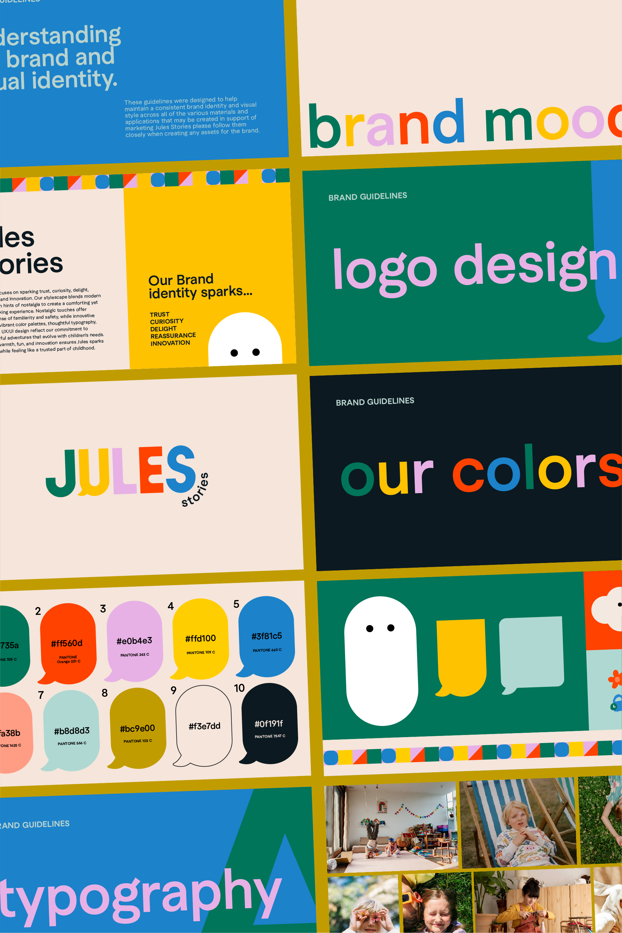 This image presents a modular, clean grid showcasing various elements of graphic design and branding concepts. The visual language is modern and organized, utilizing bold color blocks and clear typography to present design guidelines and identity components.