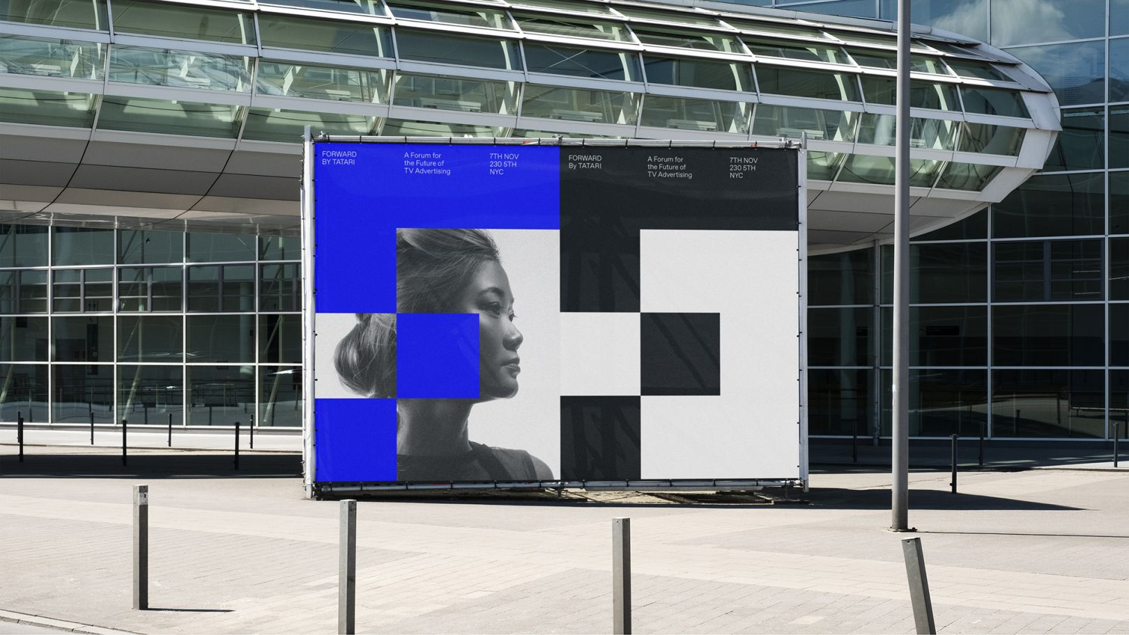 This image presents a modern, high-contrast graphic display featuring a portrait split into geometric blocks of color and tone. The design utilizes strong juxtaposition between solid blue, black, and white to create a sophisticated and contemporary visual statement.