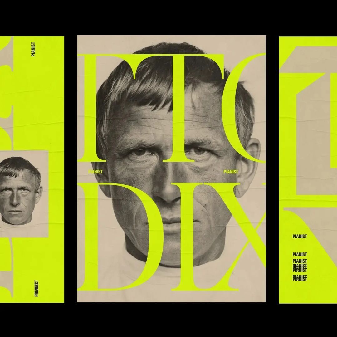 This is a stark, high-contrast graphic design featuring a portrait of a man overlaid with bold, blocky typography. The design utilizes a limited palette to create a strong, minimalist, and somewhat vintage or archival feel.