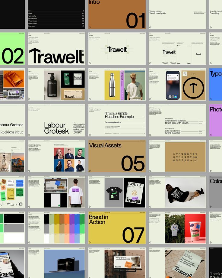 This image displays a grid of mockups or design templates, likely for a UI/UX or branding project, characterized by a clean, minimalist, and structured layout. The visual language relies heavily on white space, clear segmentation, and a limited color palette to present various design elements systematically.