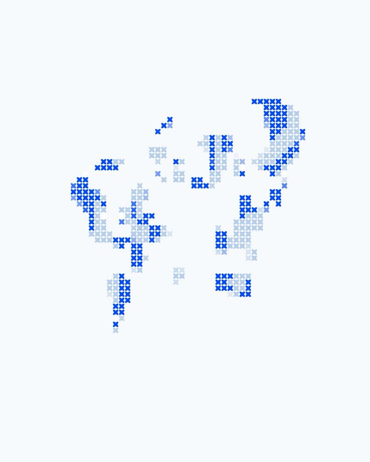 The image is an abstract, minimalist representation of a map or geographical area rendered using small, scattered blue crosshatch patterns. The design conveys a sense of data visualization, subtle texture, and perhaps an outline of a region.