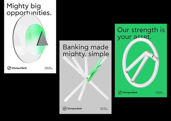The image presents a clean, modern visual identity for a bank, using simple geometric shapes and a limited color palette to convey strength and opportunity. The design relies on negative space and clear, crisp lines to communicate stability and accessibility.