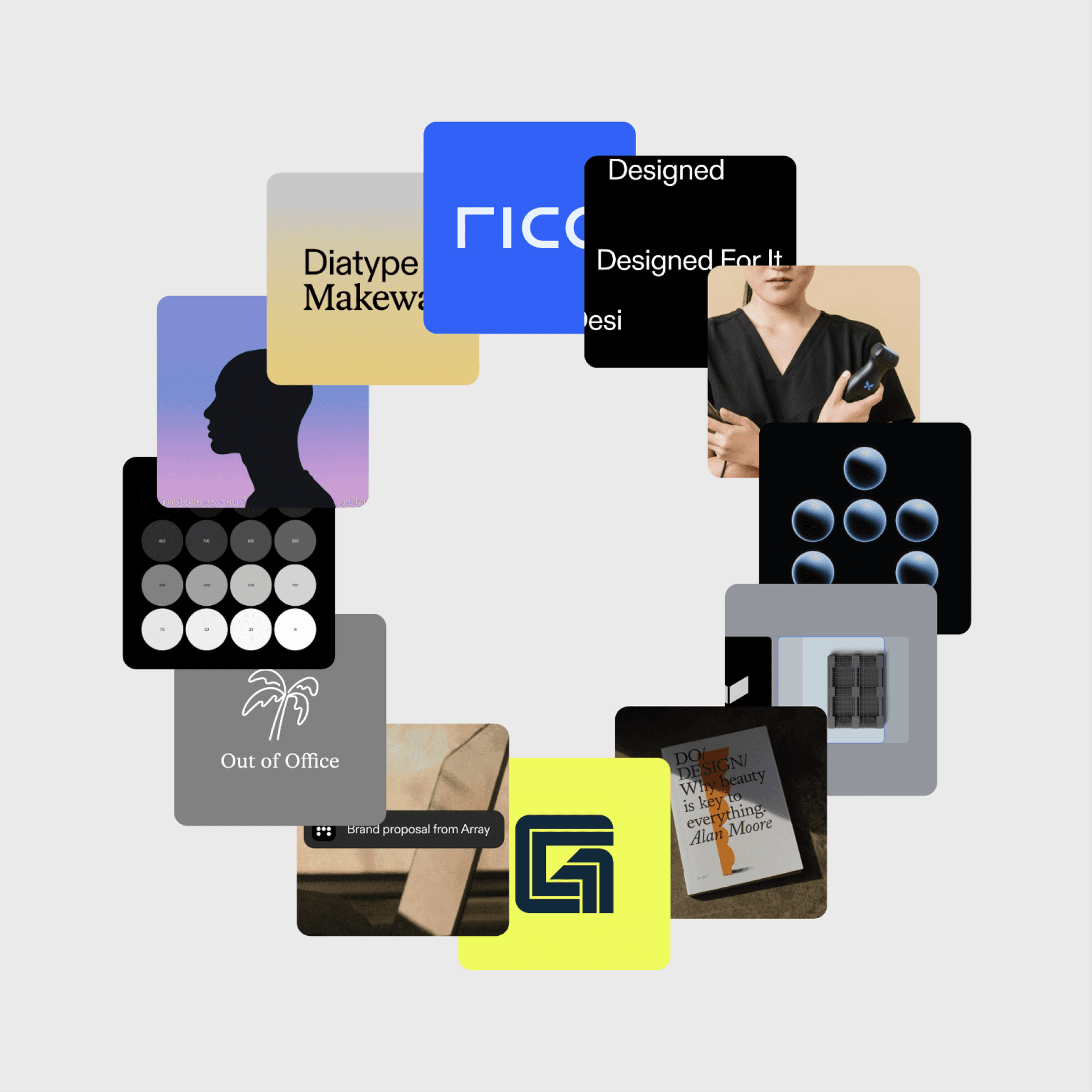 This image is a modern, clean collage featuring various design mockups and text snippets arranged in an organic circular layout. The visual language relies heavily on geometric shapes, negative space, and a limited color palette to present a professional portfolio or concept overview.