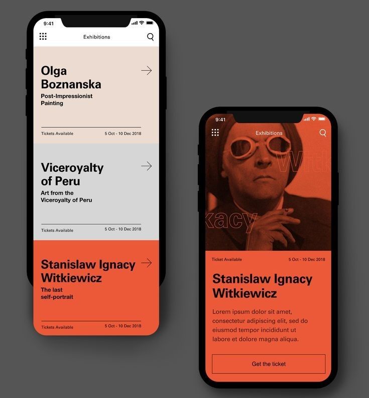 A modern museum or gallery exhibition app interface showcasing artist profiles and exhibitions with a minimalist design language. The layout uses a card-based system with bold typography and strategic use of color blocking to create visual hierarchy and engagement on mobile devices.