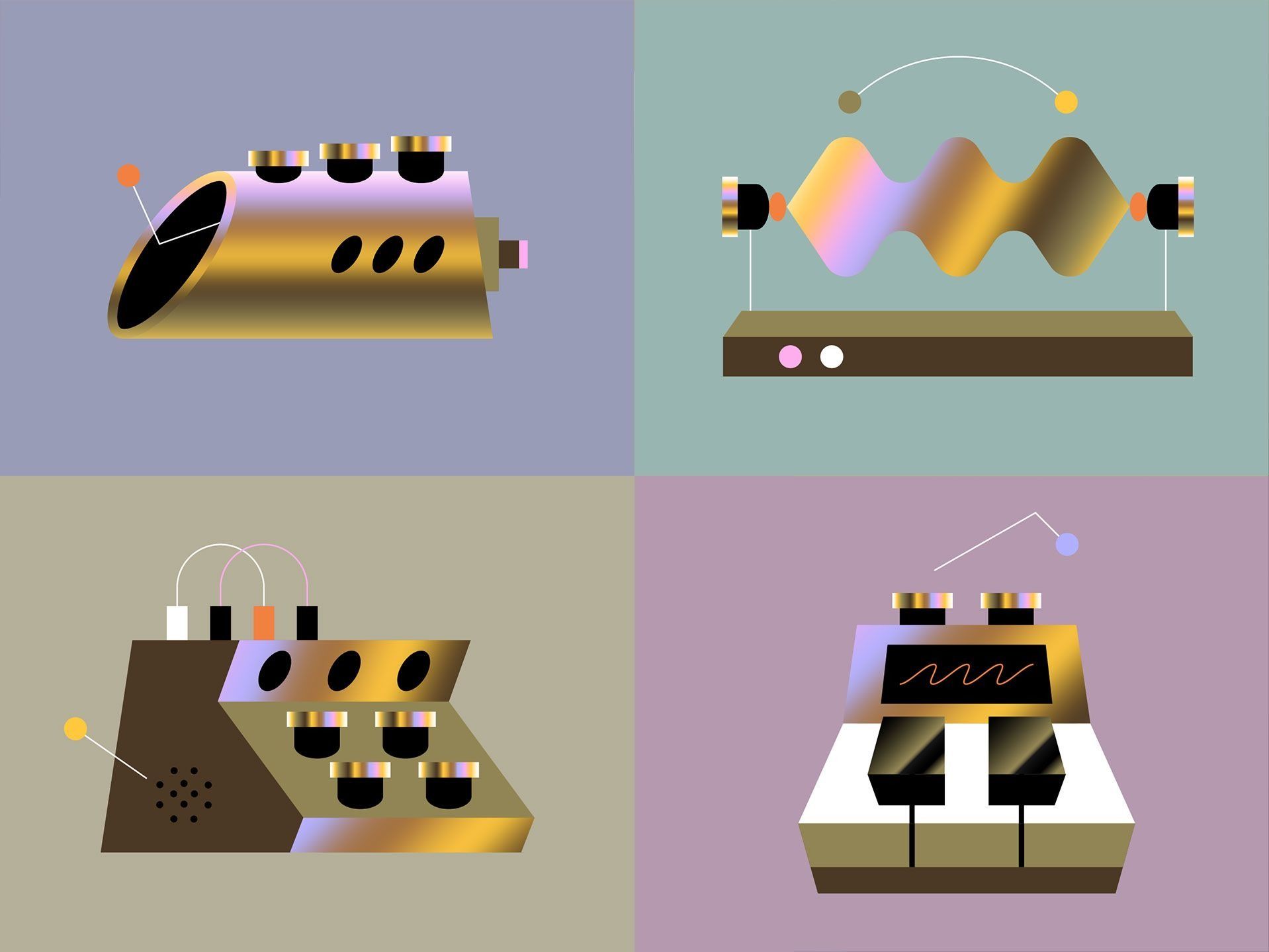 This image presents four distinct, minimalist illustrations depicting scientific or laboratory equipment, characterized by smooth gradients and clean lines. The visual language is modern and technical, using soft color transitions to suggest advanced technology or research.