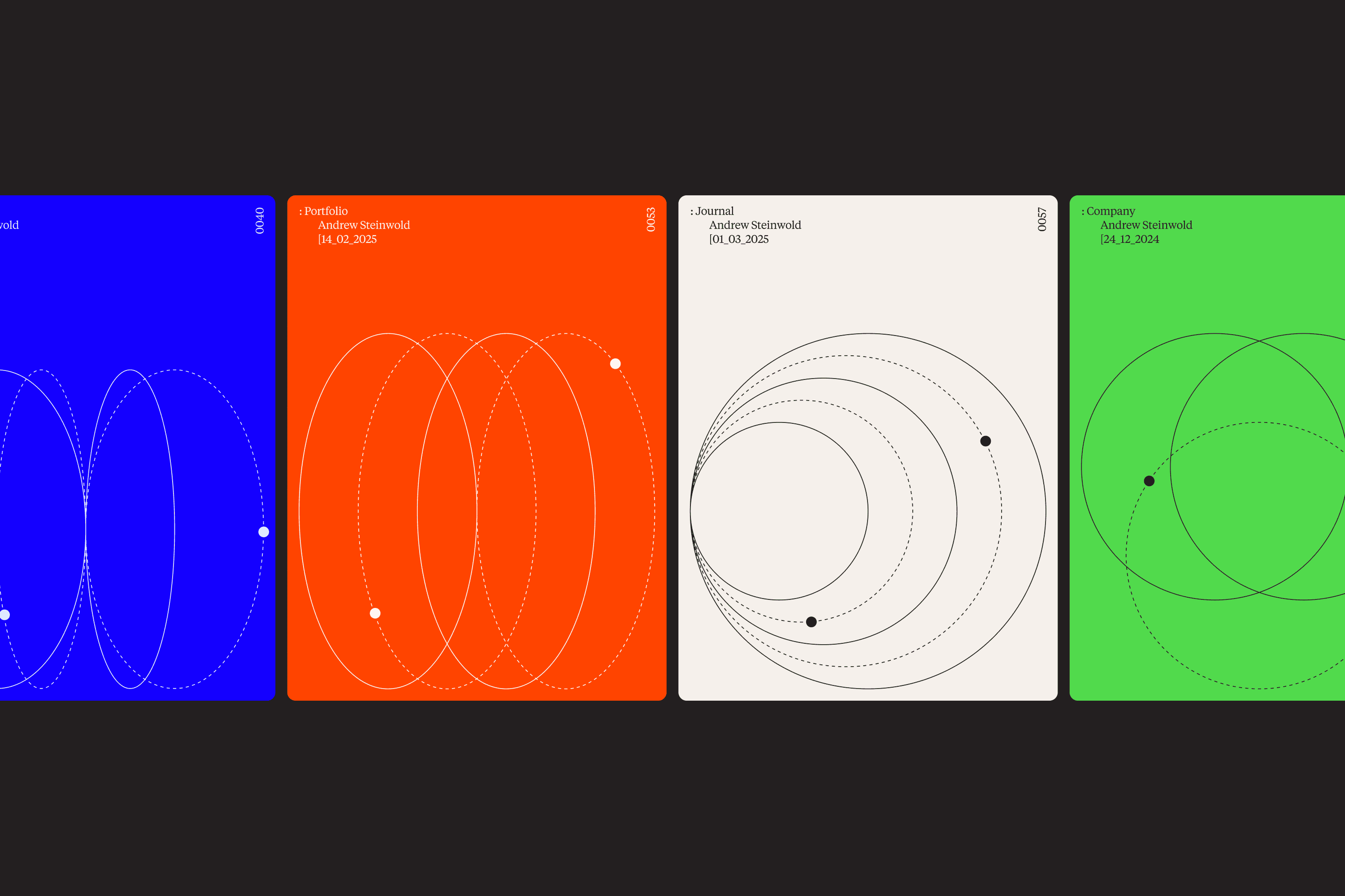 The image displays a series of four distinct, brightly colored panels, each featuring abstract circular line art against a solid background. The design is clean, modern, and utilizes color blocking effectively to separate different data points or concepts.