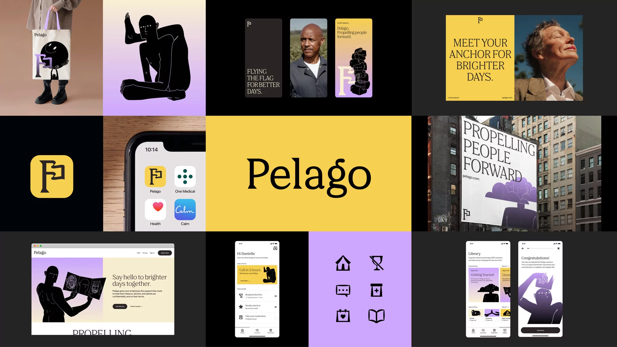 The image presents a collection of diverse visual assets, primarily focused on branding and user interface elements, characterized by a clean, modern, and somewhat minimalist aesthetic. There is a strong emphasis on typography and simple iconography across the various panels.