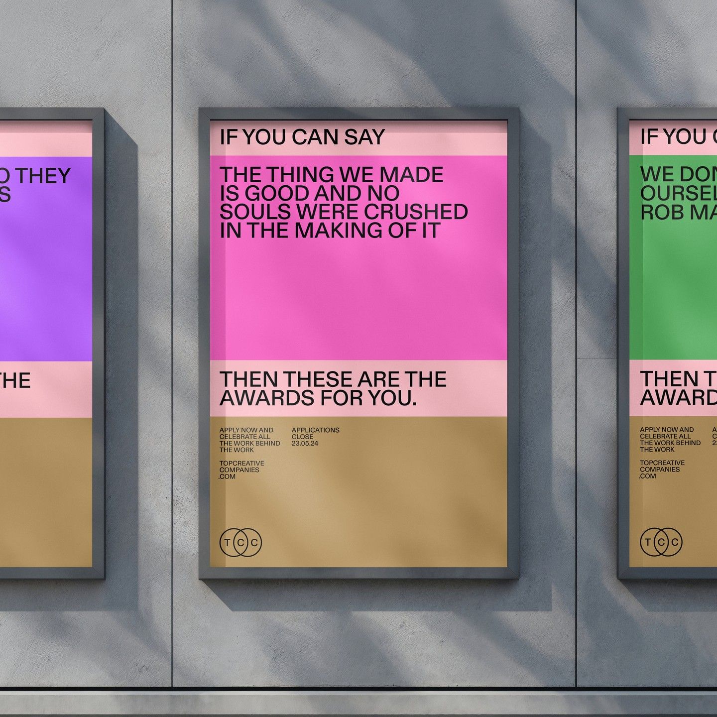 A bold, contemporary poster series featuring vibrant neon color blocks and stark typography against a minimalist concrete wall. The design employs a provocative, philosophical message about artistic sacrifice and recognition, using high-contrast modernist aesthetics with a Swiss-influenced grid structure.