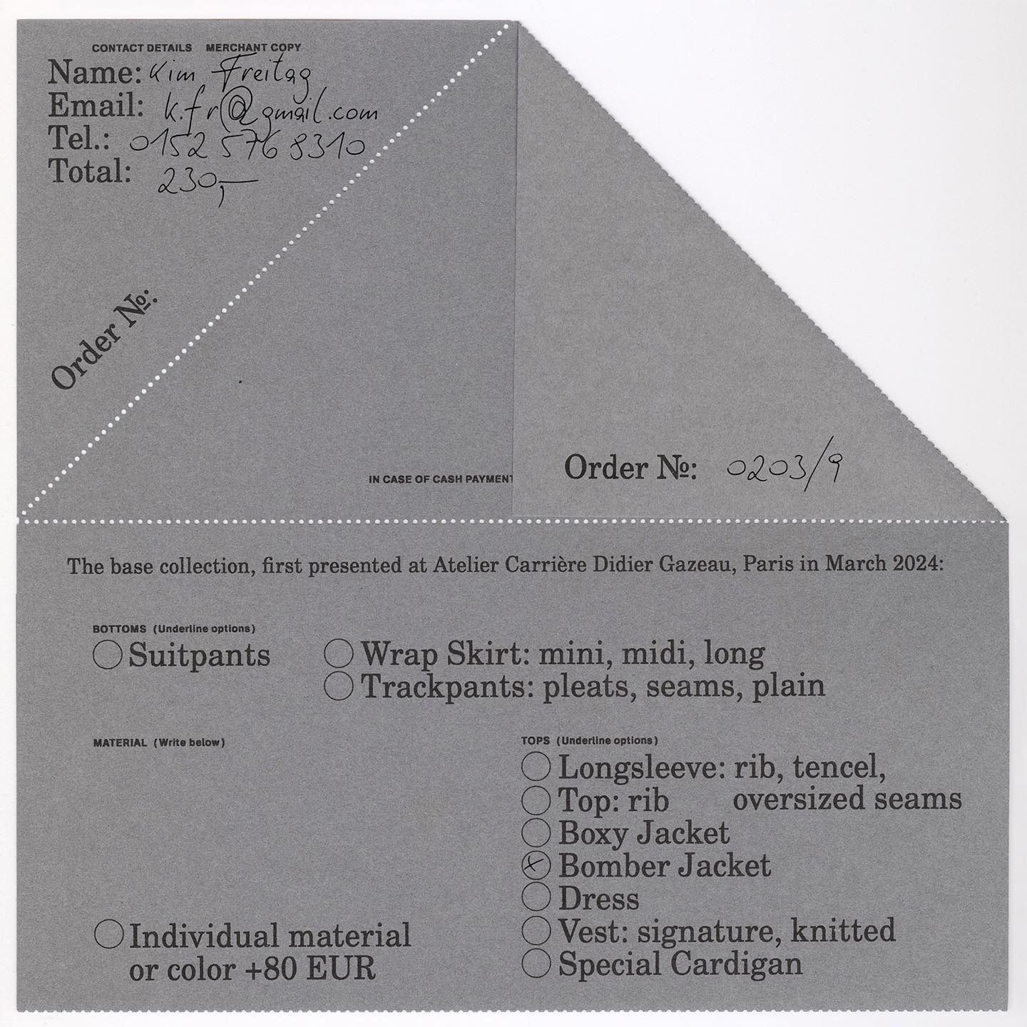 This image appears to be a formal order form or invoice from a high-end atelier, characterized by a minimalist and structured layout. The design emphasizes clear categorization of garment options with a clean, professional aesthetic.