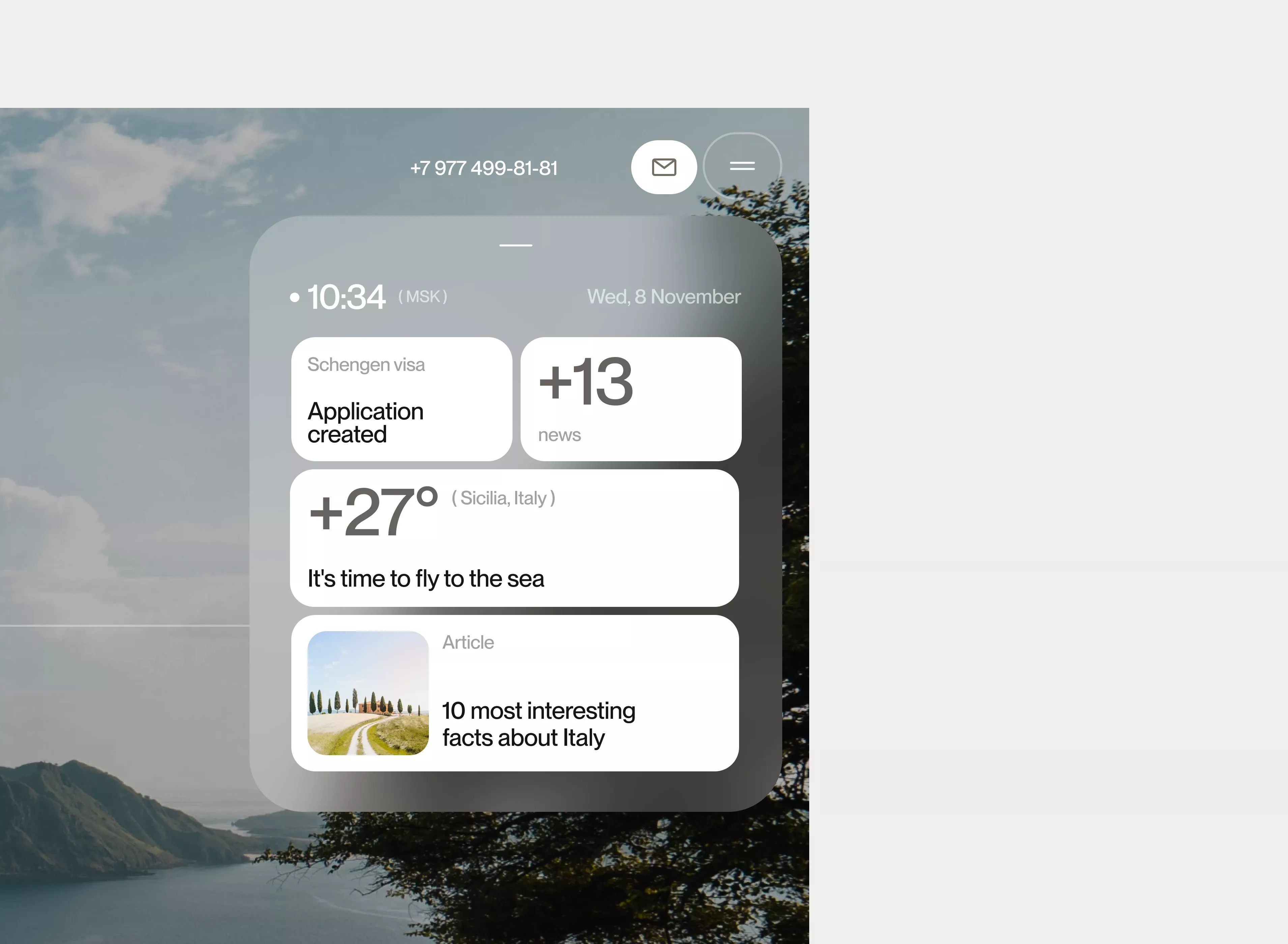 The image presents a clean, modern mobile interface design with a muted, cool color palette. It uses ample white space and clear card-based layouts to present information in a structured, digestible manner. The overall feel is professional, informative, and contemporary.