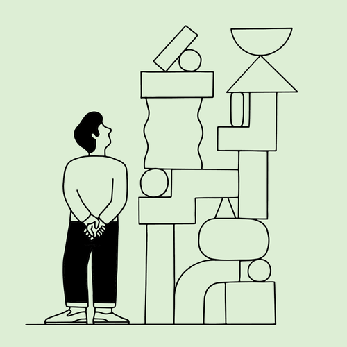 This illustration employs a clean, continuous line style to depict a human figure interacting with an abstract, stacked geometric structure. The design relies heavily on negative space and simple forms to create a sense of playful, architectural balance.