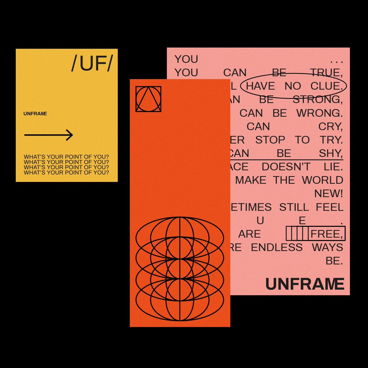 A bold, experimental graphic design composition featuring overlapping geometric panels in vibrant yellow, orange, and coral pink against a black background. The layout combines abstract geometric forms with fragmented typography, creating a dynamic, deconstructed aesthetic that challenges conventional design hierarchy and readability.