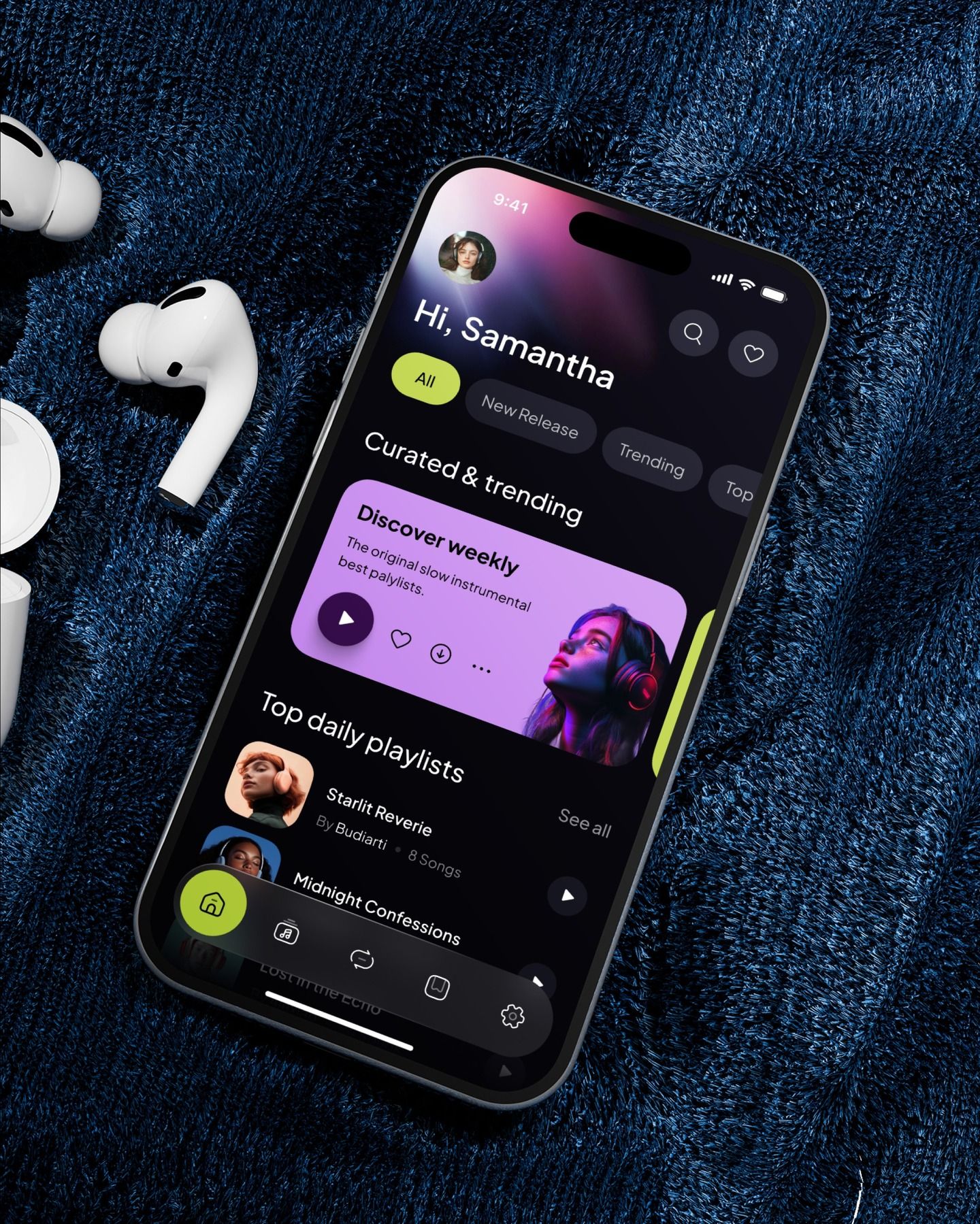 The image showcases a modern, dark-themed mobile application interface, likely for music or playlists, characterized by clean lines and a dark aesthetic. The design balances dark backgrounds with vibrant accent colors to create an immersive and sophisticated user experience.