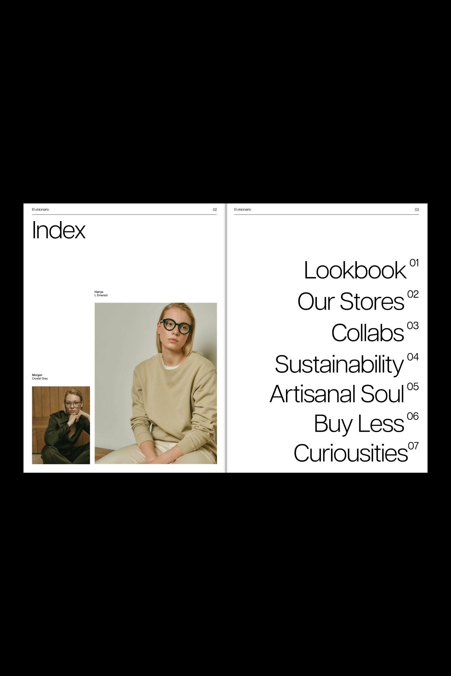 The image presents a clean, minimalist index page design characterized by ample white space and strong typographic hierarchy. The visual language is stark and academic, relying on simple black text against a white background to convey a sense of order and sophistication.