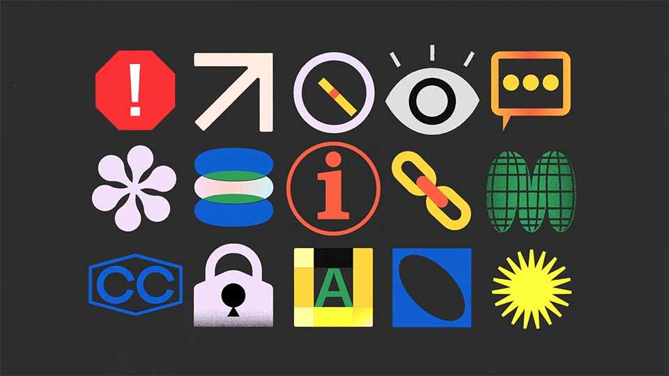 This image presents a collection of clean, geometric icons designed for informational or technical purposes. The visual language is highly minimalist and relies on solid shapes and simple lines to convey specific concepts quickly. The overall feel is precise, modern, and highly functional.