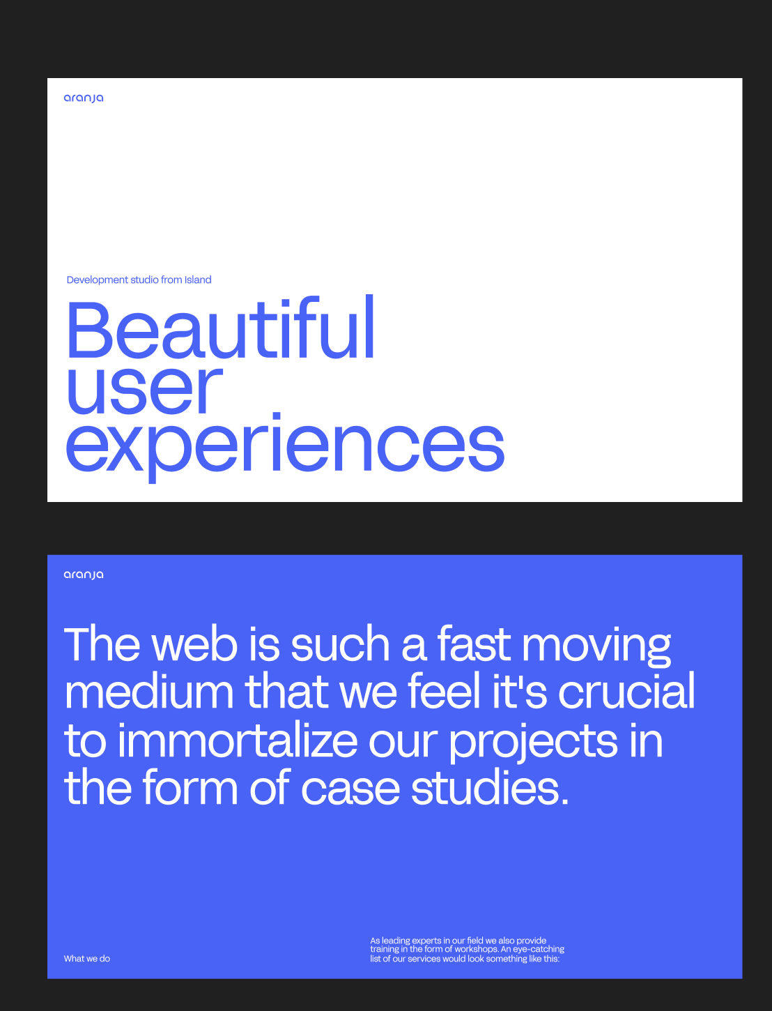 A modern, minimalist design portfolio layout featuring bold typography and a clean two-panel composition. The design employs a striking contrast between white and vibrant blue sections, with a professional yet contemporary aesthetic that emphasizes clarity and visual hierarchy.