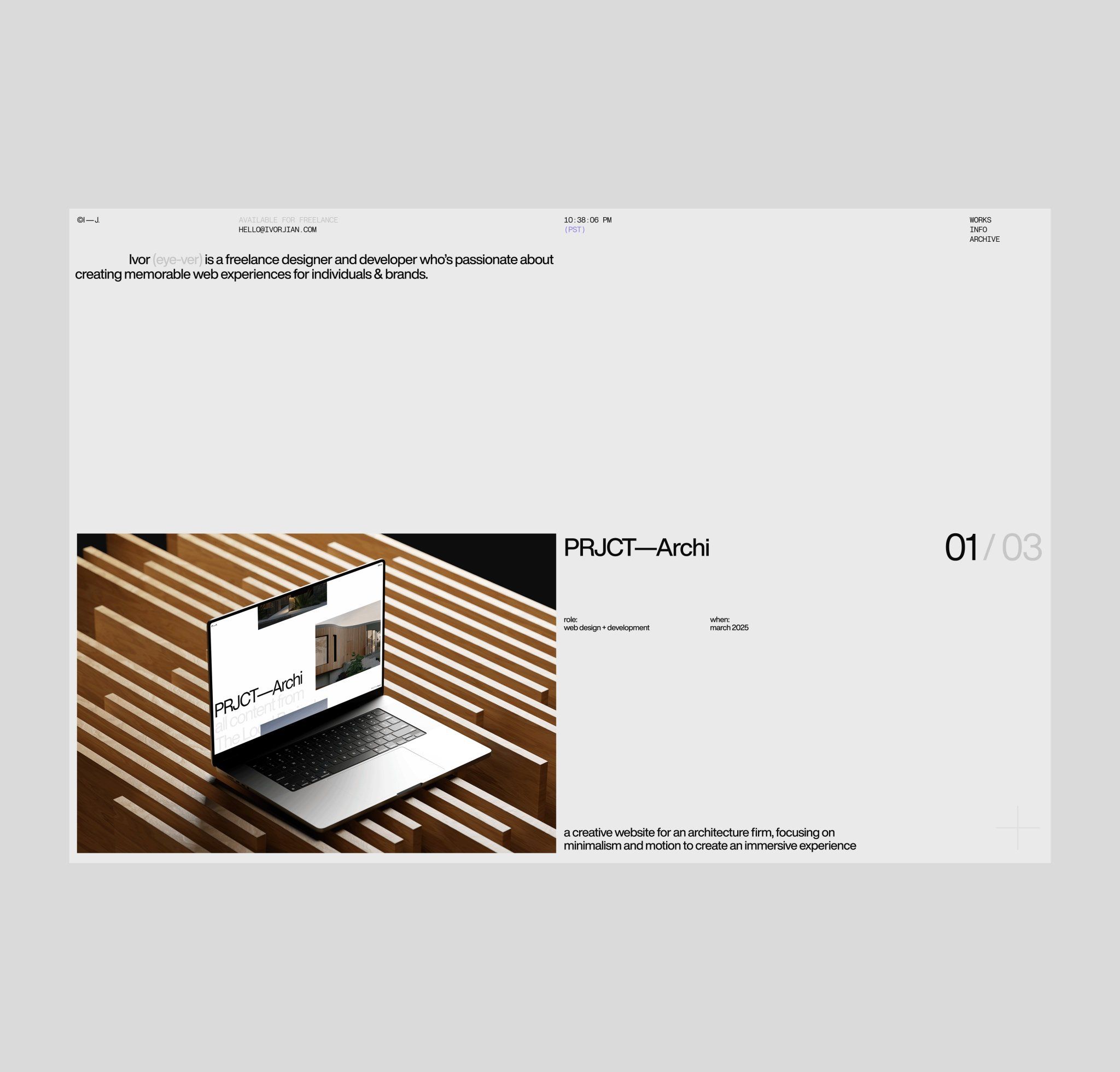 The design employs a clean, minimalist aesthetic characterized by generous negative space and a professional typography hierarchy. The visual language is reserved and modern, successfully drawing attention to the featured project through high-quality photography. The overall feel is sophisticated and highly professional, suitable for a creative portfolio.