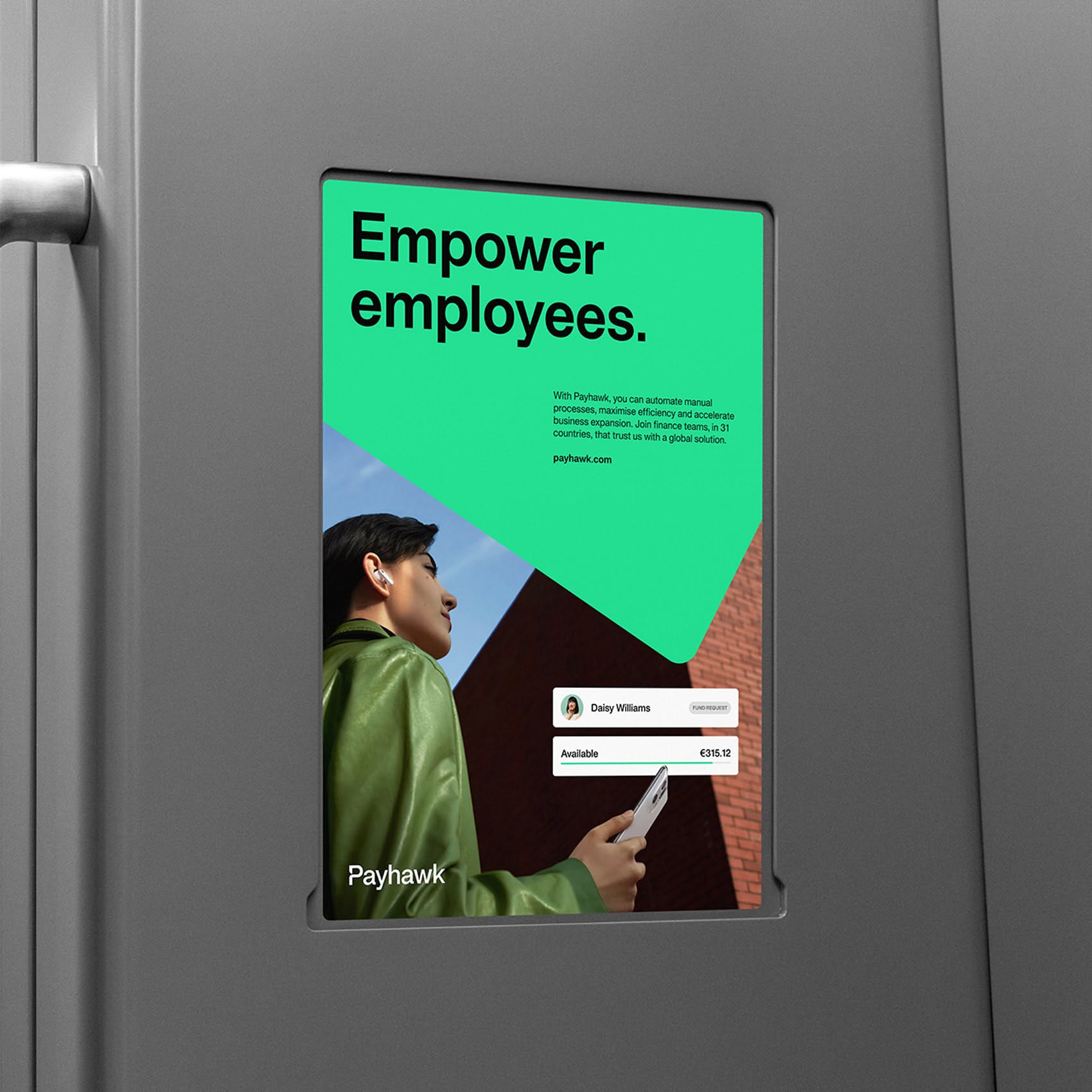 This graphic utilizes a modern, clean visual language, employing a vibrant green gradient backdrop to highlight a core message about employee empowerment. The design effectively combines clear typography with professional photographic imagery to convey trust and innovation.
