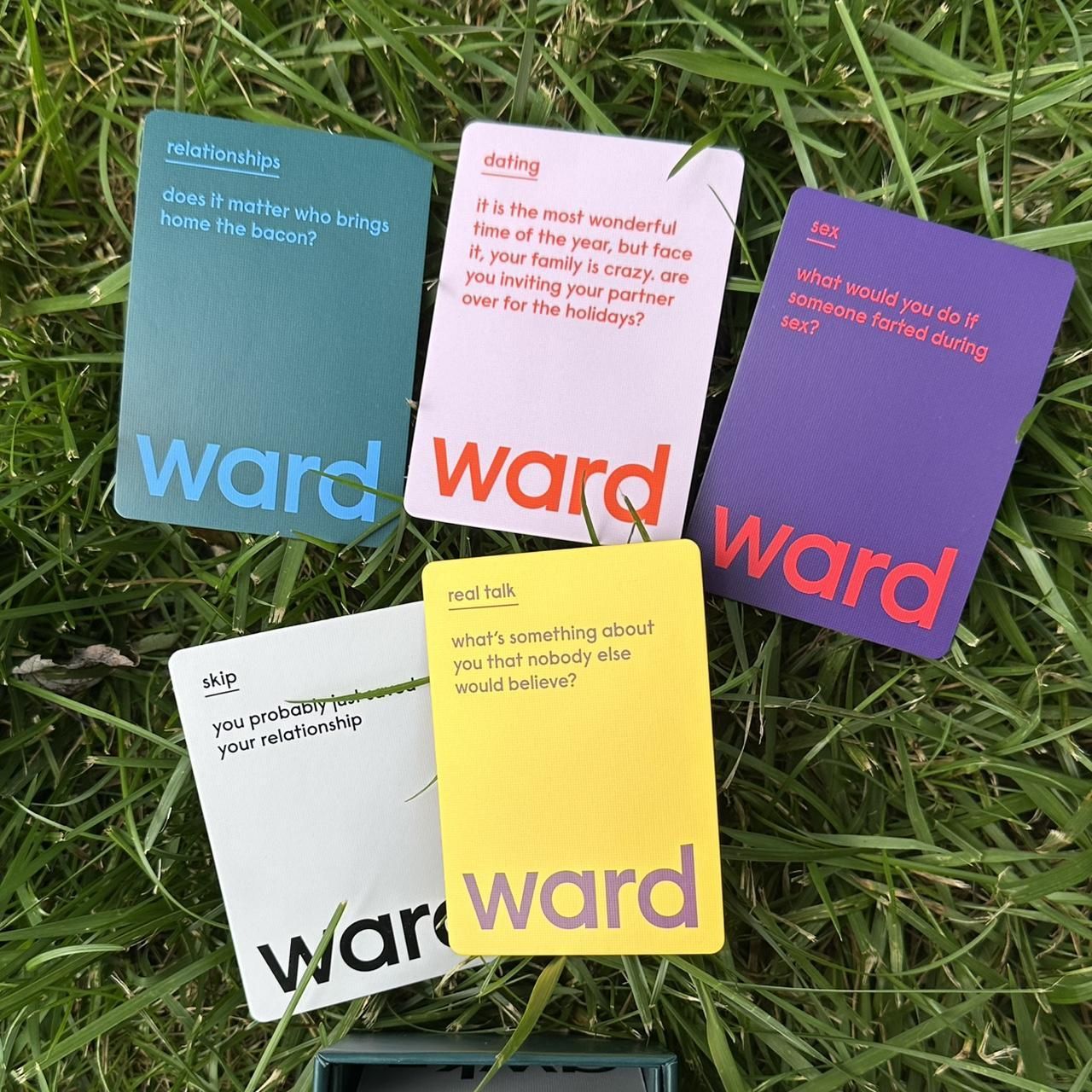 This image showcases a modular graphic design concept using text-based cards set against a natural, vibrant green background. The visual language is clean, modern, and thoughtful, emphasizing clarity through simple typography and a muted yet engaging color palette. The overall feel is calm, introspective, and educational.