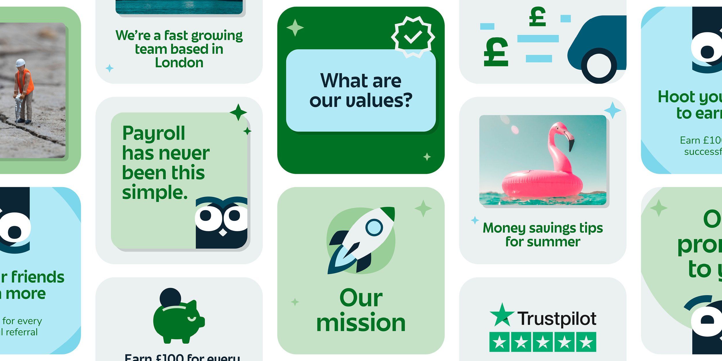 This image features a highly organized, modern flat design grid used to display company information and values. The visual language relies on clear segmentation, simple icons, and a limited color palette to ensure high readability and a clean, professional feel.