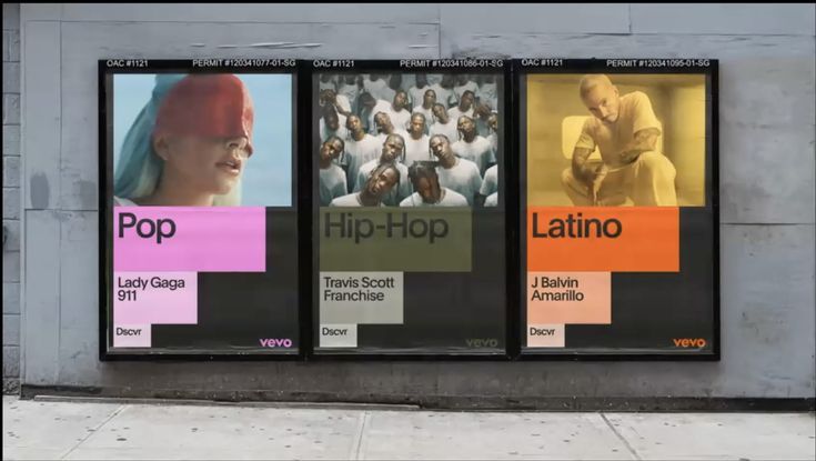 This image displays a series of vertical, framed posters or panels featuring album art or artist portraits against a muted, industrial background. The design employs a clean, modern layout with distinct color blocking for each section, suggesting a curated visual presentation typical of music promotion or gallery display.