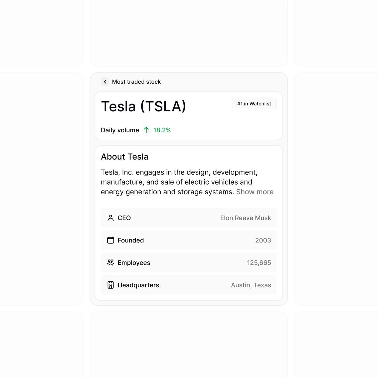 This design employs a clean, minimalist card-based layout optimized for presenting structured data. The visual language is highly functional and corporate, relying on strong separation and clear hierarchy to guide the user through key information.