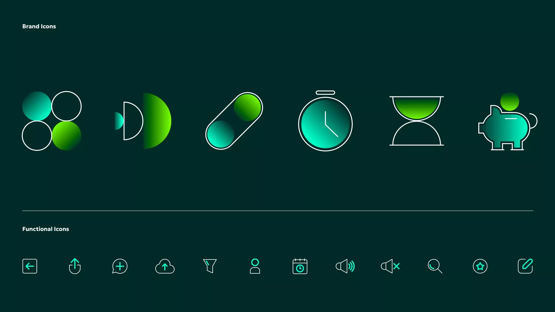 This image presents a clean, modern set of line icons against a dark background, utilizing a vibrant, glowing teal/green color palette to suggest technology or health concepts. The design is minimalist and highly functional, emphasizing clarity and simplicity in its visual communication.