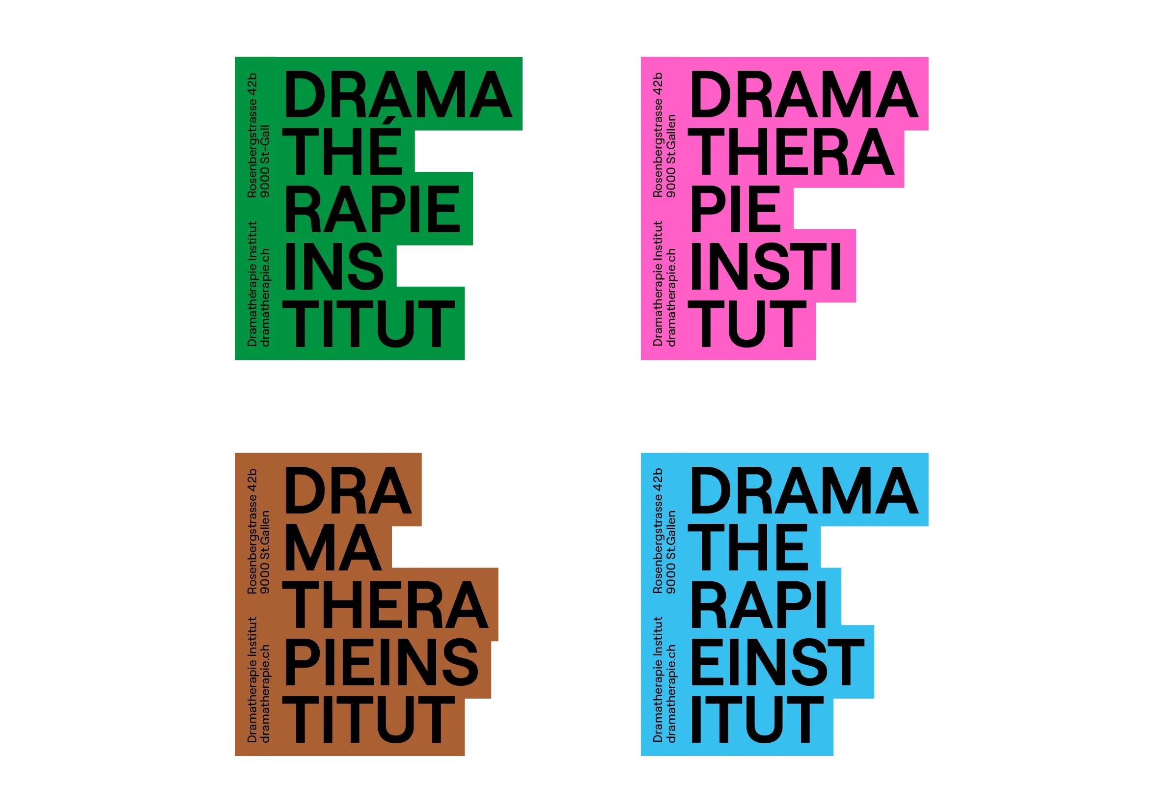 The image presents four distinct typographic treatments for the phrase 'DRAMA THE RAPIE INSTITUT', utilizing bold, blocky sans-serif typography with vibrant, contrasting colors. The design is clean and modern, relying heavily on color blocking to differentiate the visual elements while maintaining a strong, assertive presence.