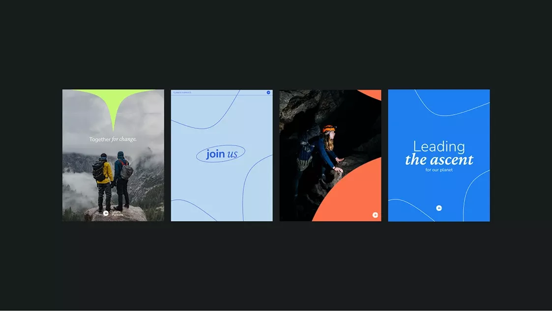 This visual set utilizes a modern, clean design language combining evocative photography with bold color blocking and geometric elements. The visual hierarchy effectively uses contrast between dark tones and vibrant blues to convey a sense of aspiration, achievement, and teamwork.