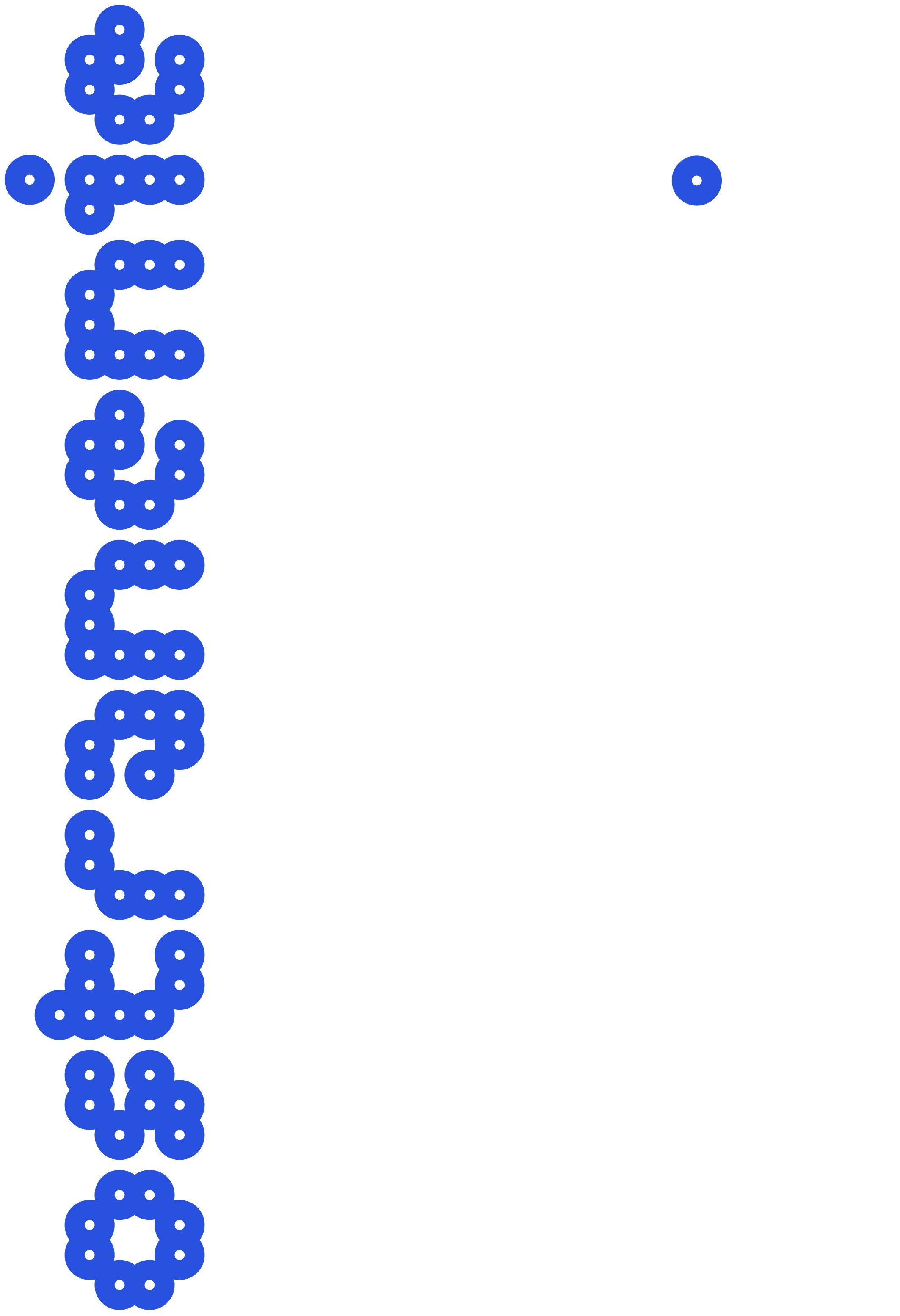 The image displays a vertical arrangement of small, uniformly sized blue dots forming a stylized, elongated shape reminiscent of text or a pattern. The design is minimalist and relies purely on the density and repetition of the elements to create visual interest.