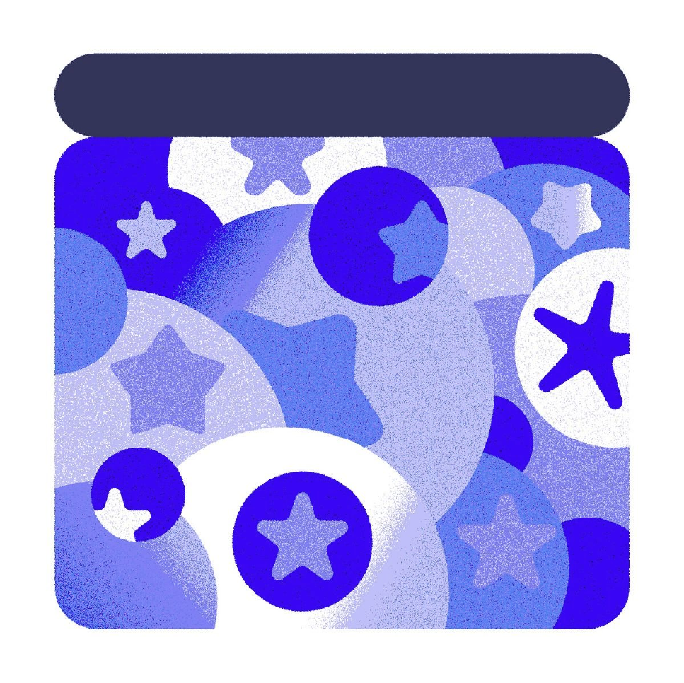 This image features a vibrant, abstract pattern composed of overlapping, irregular shapes in shades of blue and purple. The design has a playful, textured feel due to the speckled rendering, suggesting a whimsical or craft-oriented aesthetic.