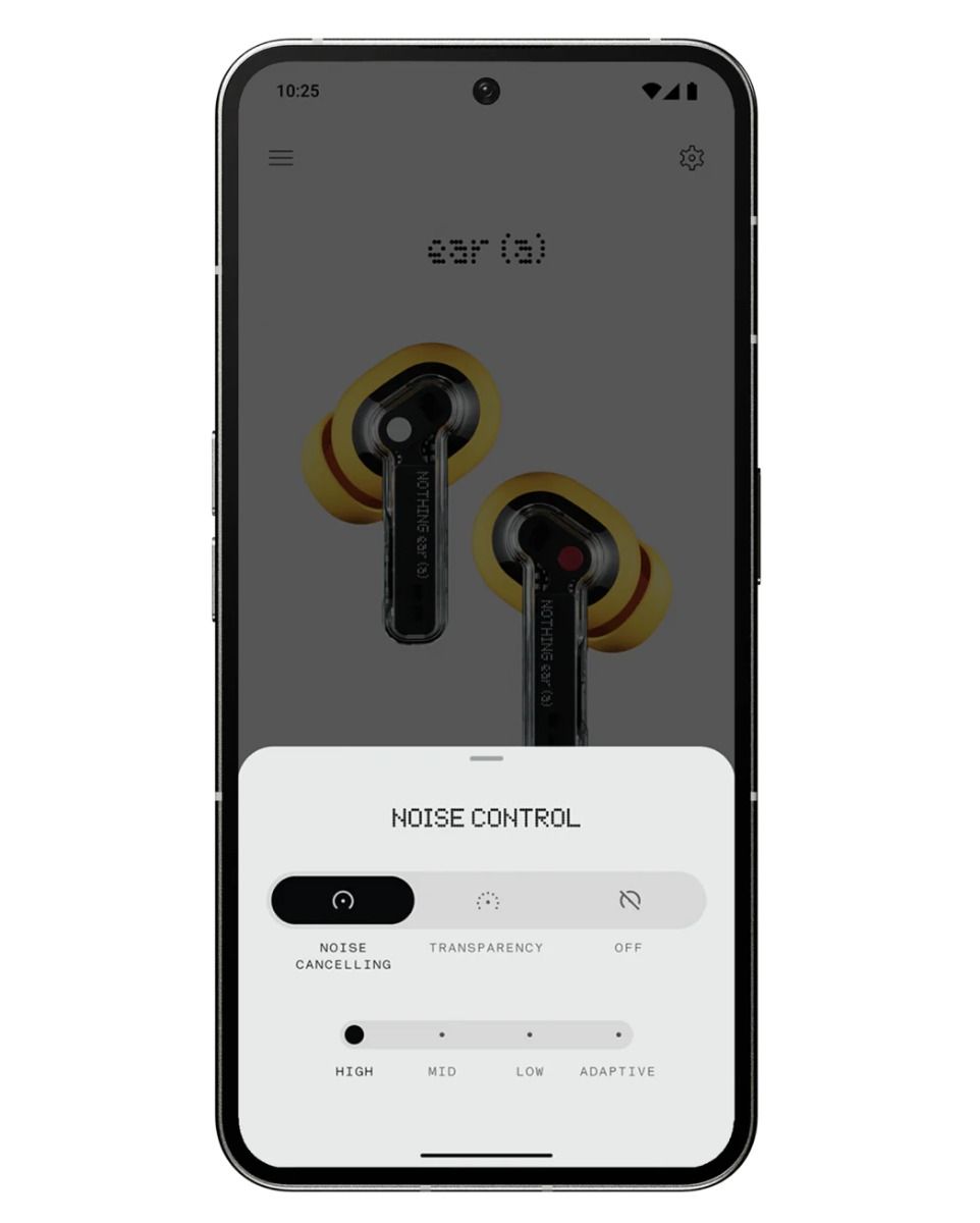 The image displays a clean, modern user interface for a device, likely an earbud or similar personal electronic. The design emphasizes functionality through clear iconography and a minimalist aesthetic, suggesting premium audio technology.